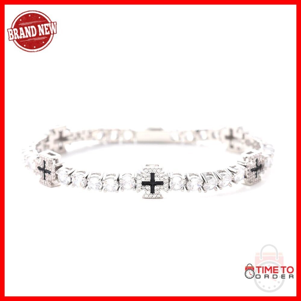 Unisex White Gold Plated Tennis Bracelet with Cross Design 7 Inch